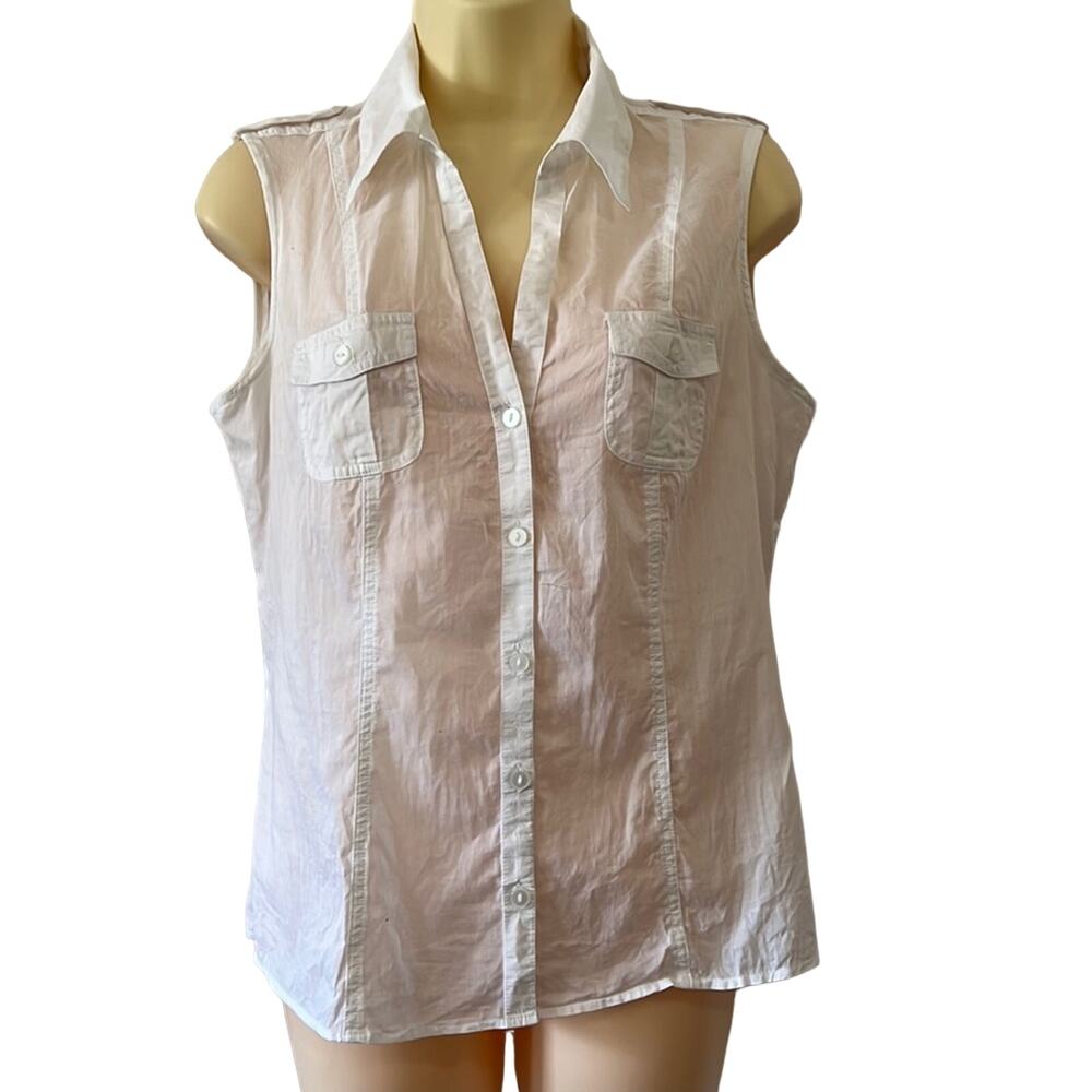 Geoffrey Beene Sport Size S White Sleeveless Blouse Safari Fitted Button Up